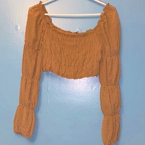 Tan fashion nova crop top with sheer sleeves